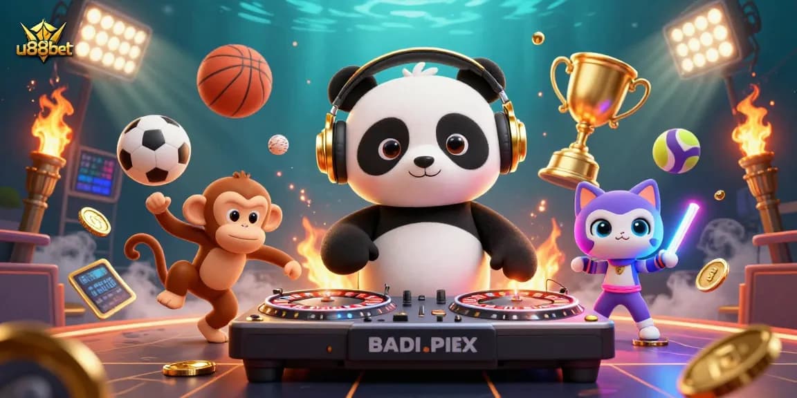 Experience exciting action with u888bet in a vibrant 3D casino scene featuring a dancing panda, monkey, and glowing kitten.