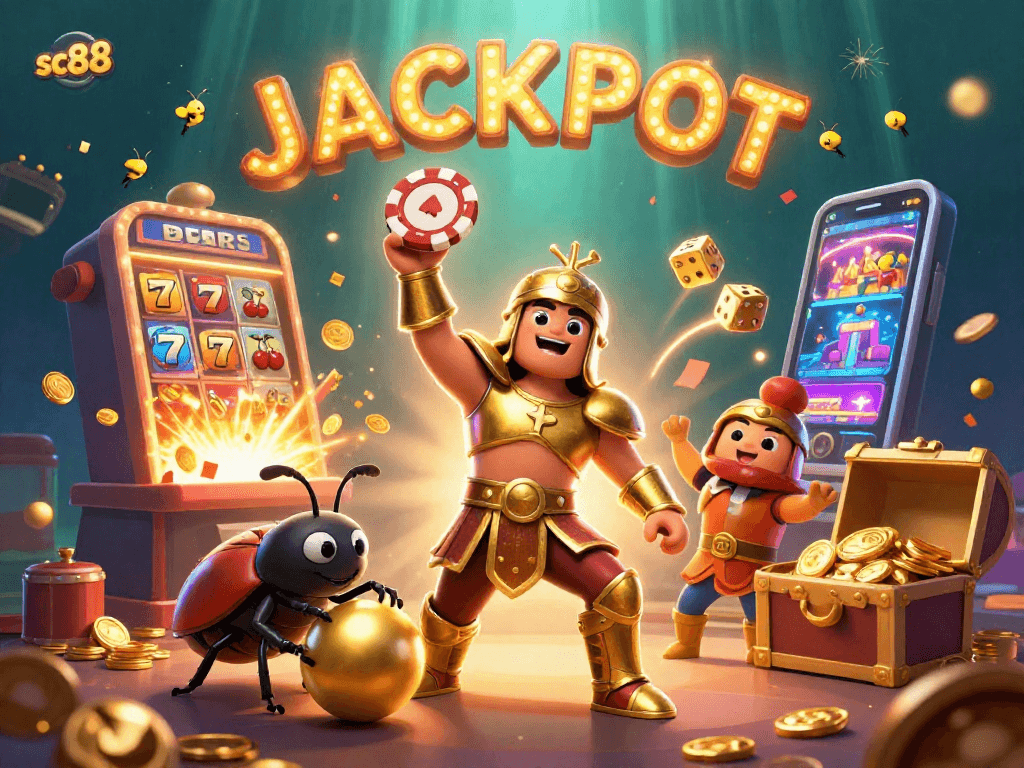 sc88 celebrates a big win with a poker chip in a vibrant, dynamic casino scene