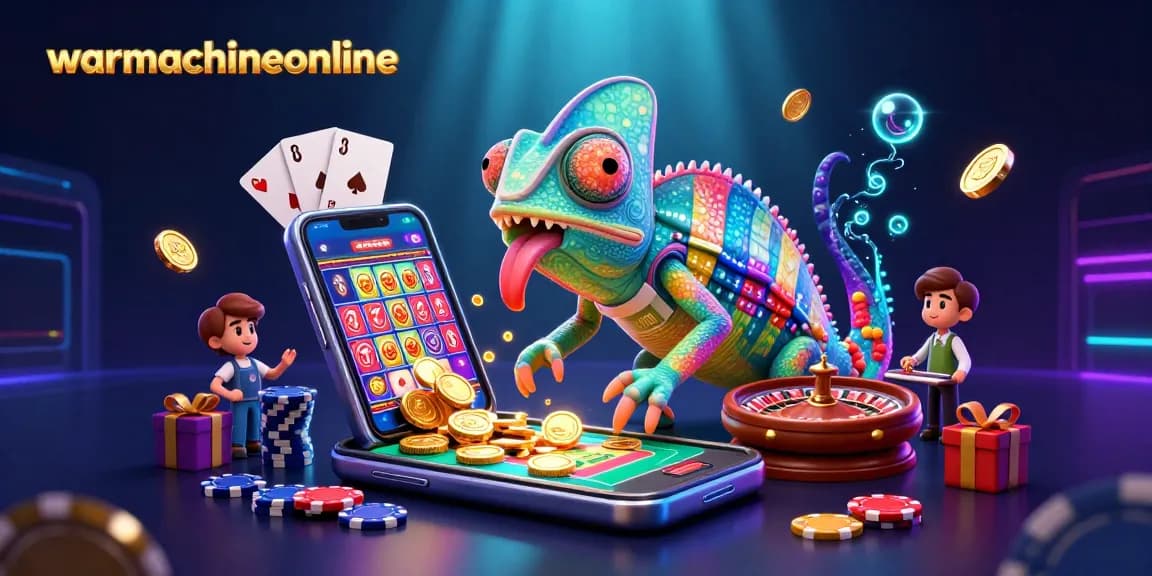 Engaging scene of warmachineonline with a colorful chameleon casino owner and dynamic game elements showcasing slot excitement.
