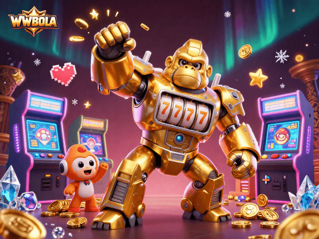 Jelajahi keseruan slot di WWBOLA dengan gorila emas mekanik dan mesin permainan berwarna-warni.