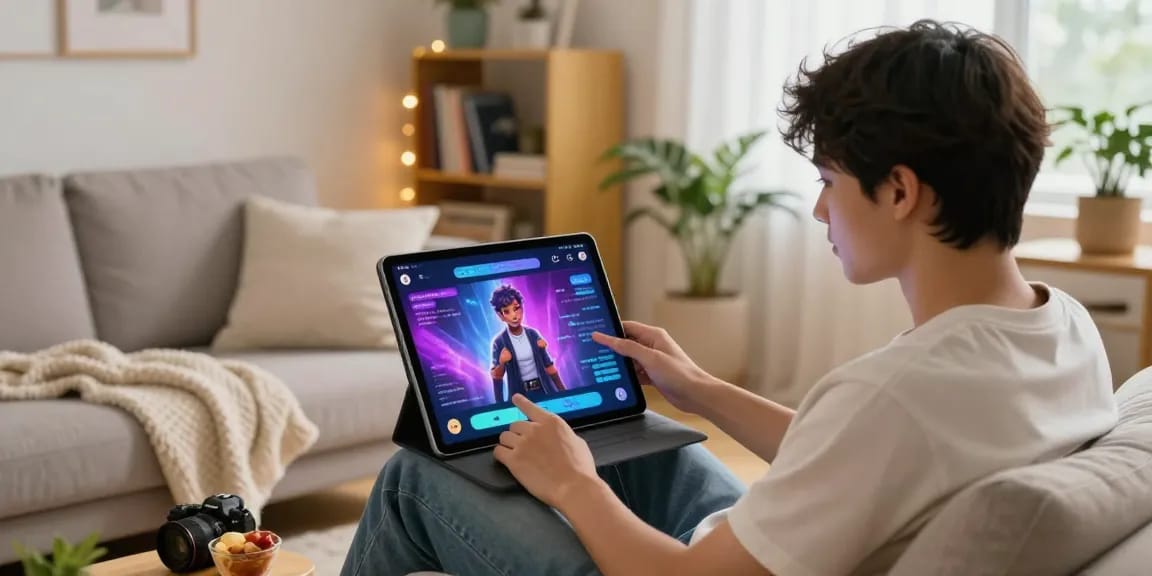 User enjoying engaging AI chat porn interaction with vibrant character on a tablet in a cozy living room.