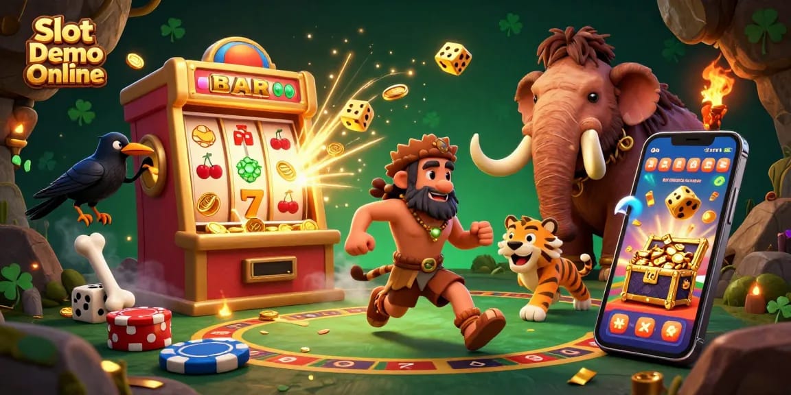 Experience thrilling gameplay with Slot Demo Online in a vibrant prehistoric casino scene.
