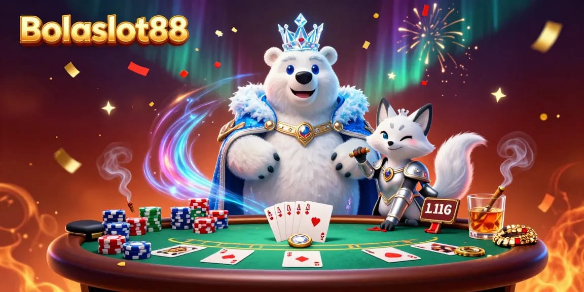 Experience thrilling gameplay at Bolaslot88 with the ice king and snow fox at a vibrant poker table.