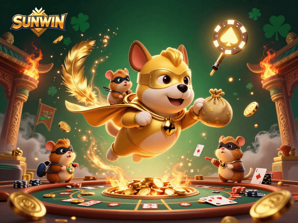 Experience thrilling gameplay at SUNWIN with a dynamic 3D illustration featuring a superhero dog and live casino elements.