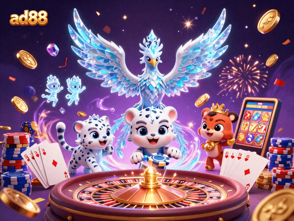 Ad88 unveils a vibrant 3D casino scene with an ice phoenix and poker fun.