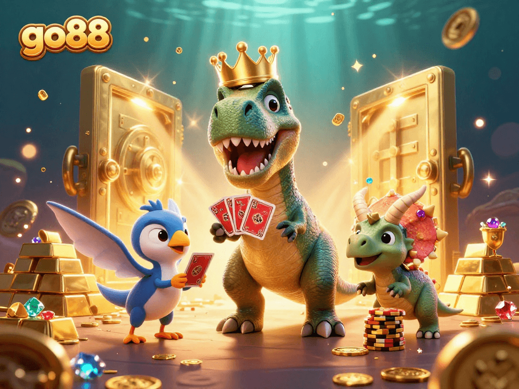 Engage with go88 in a vibrant casino scene featuring a T-Rex, cards, and golden chips.