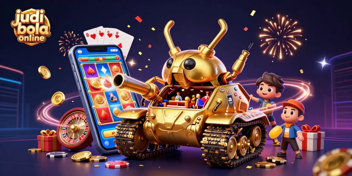 Experience judi bola online excitement with a dynamic 3D casino illustration featuring vibrant gaming elements.