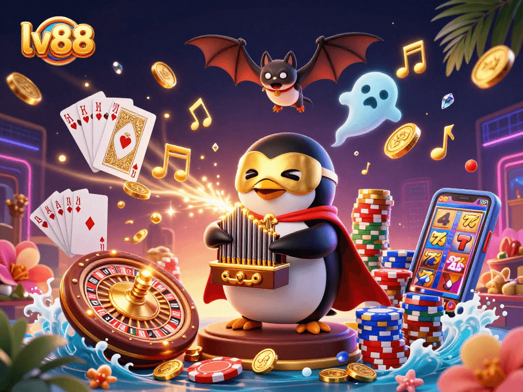 Experience the excitement of lv 88 with golden coins cascading and vibrant game elements flying in this enchanting casino scene.