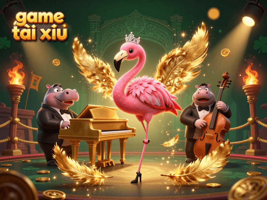Engage in exciting game tài xỉu as flamingo singer and hippo bassist perform in a vibrant casino!