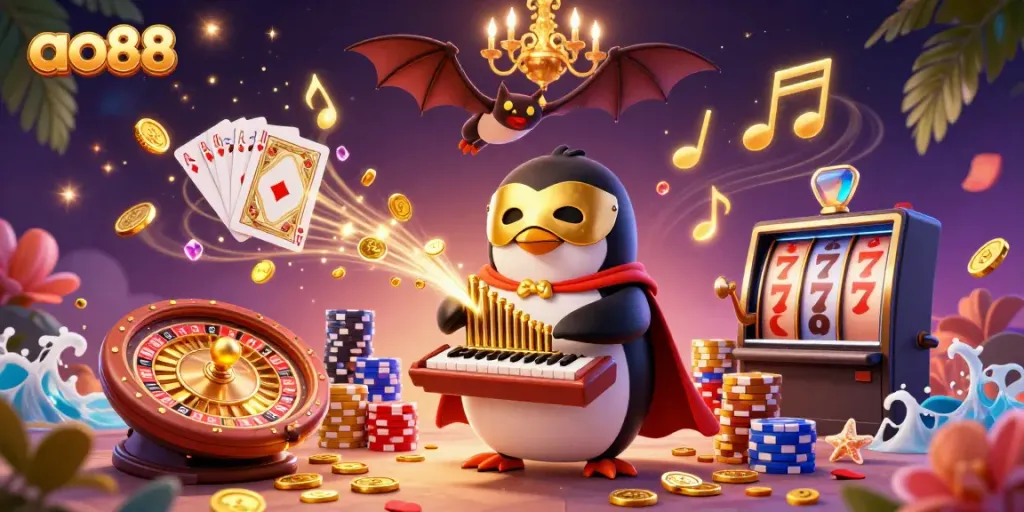 Experience ao88 with an animated penguin playing a coin-shooting organ in this vibrant casino scene.