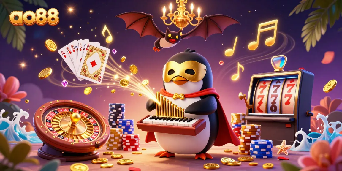 Experience ao88 with an animated penguin playing a coin-shooting organ in this vibrant casino scene.