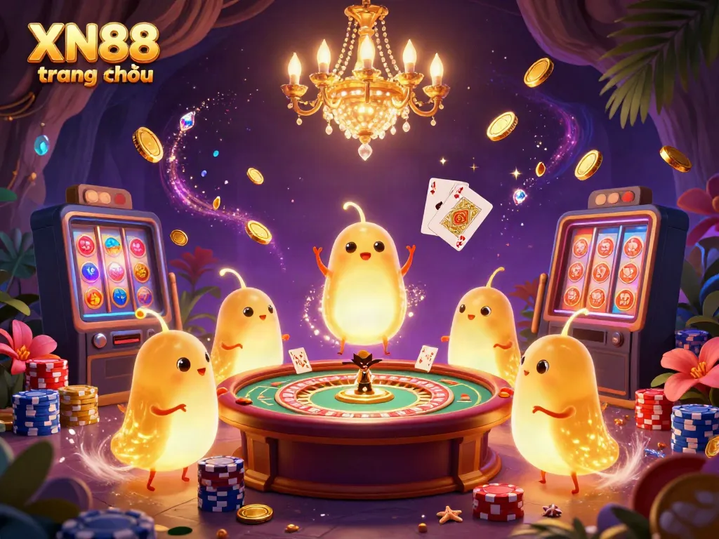 Experience the lively glow of XN88 trang chủ with animated glowworms lighting a vibrant casino scene, adorned with shimmering elements.