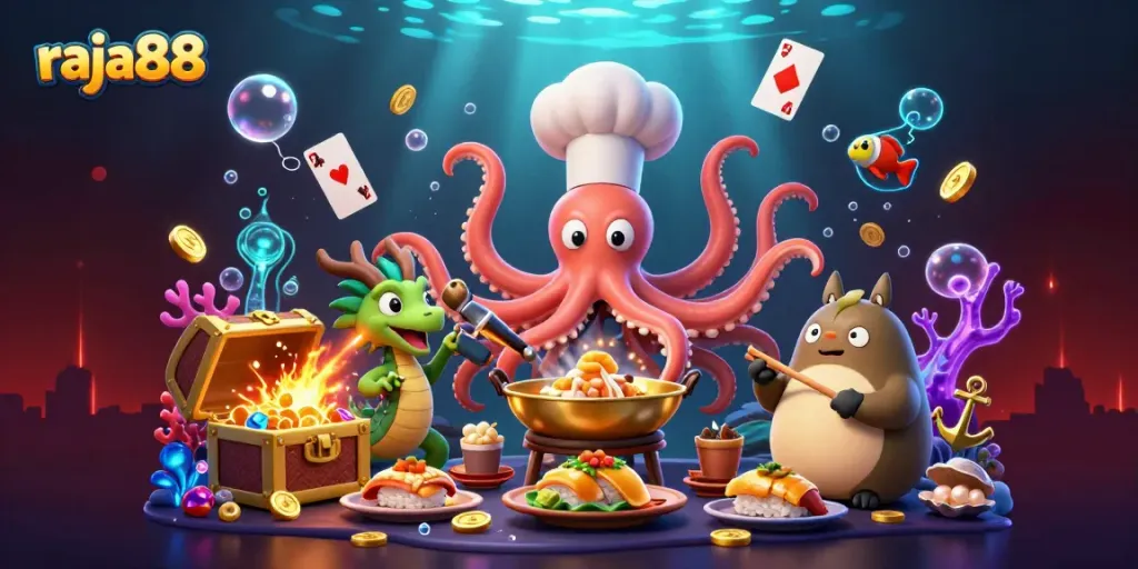 Engage with raja88 in a vibrant underwater casino scene featuring a sushi chef octopus, a dragon, and a tanuki customer.