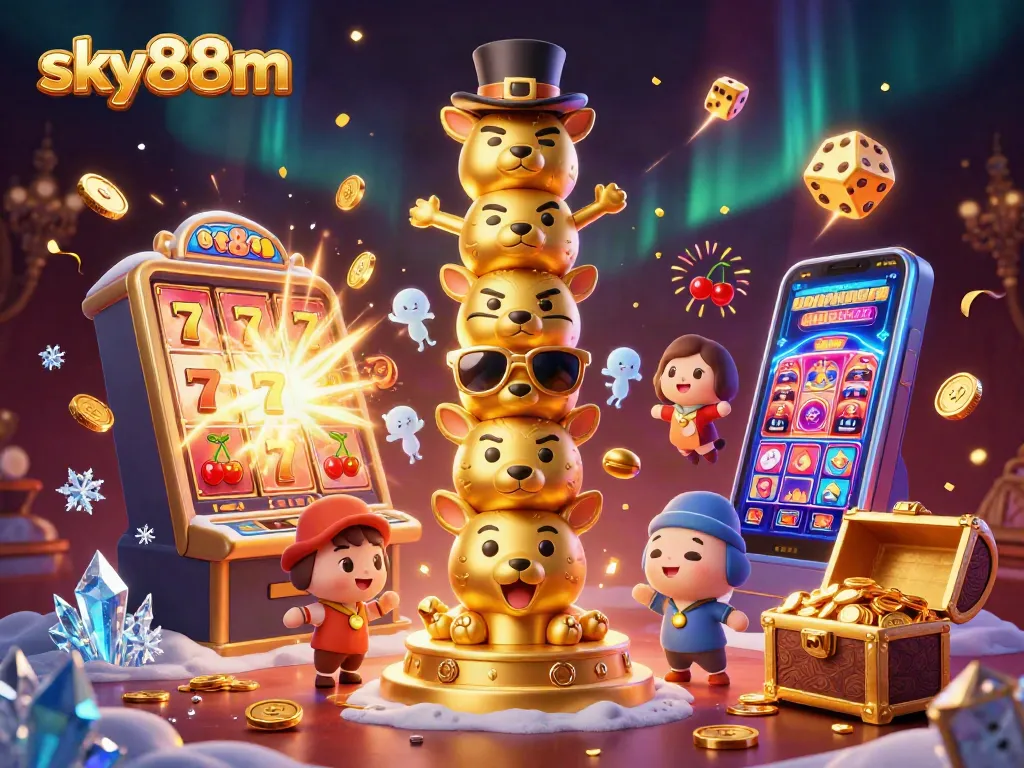 Experience sky88m's vibrant casino scene with dynamic slot machines and a golden totem pole.