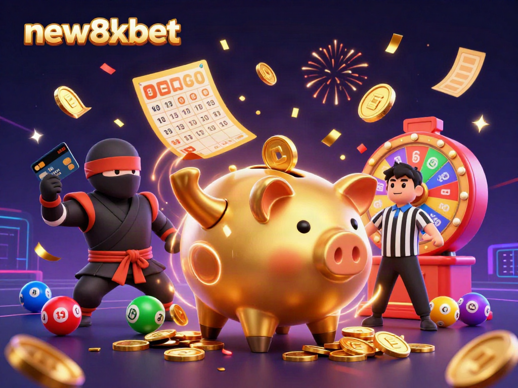 Win exciting prizes with new8xbet's dynamic lottery and gaming atmosphere featuring vibrant celebratory elements.
