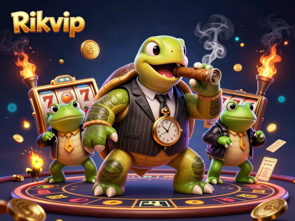 Experience thrilling gaming with Rikvip's massive turtle mobster and bullfrog enforcers in a vibrant casino scene.