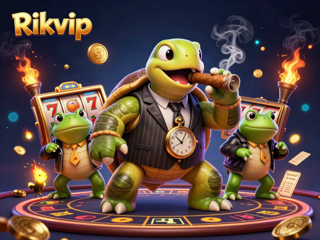 Experience thrilling gaming with Rikvip's massive turtle mobster and bullfrog enforcers in a vibrant casino scene.
