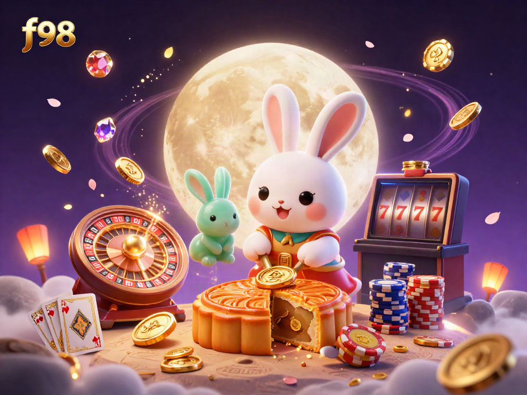 Experience the vibrant f98-themed casino world with a moon rabbit illustration showcasing poker elements.