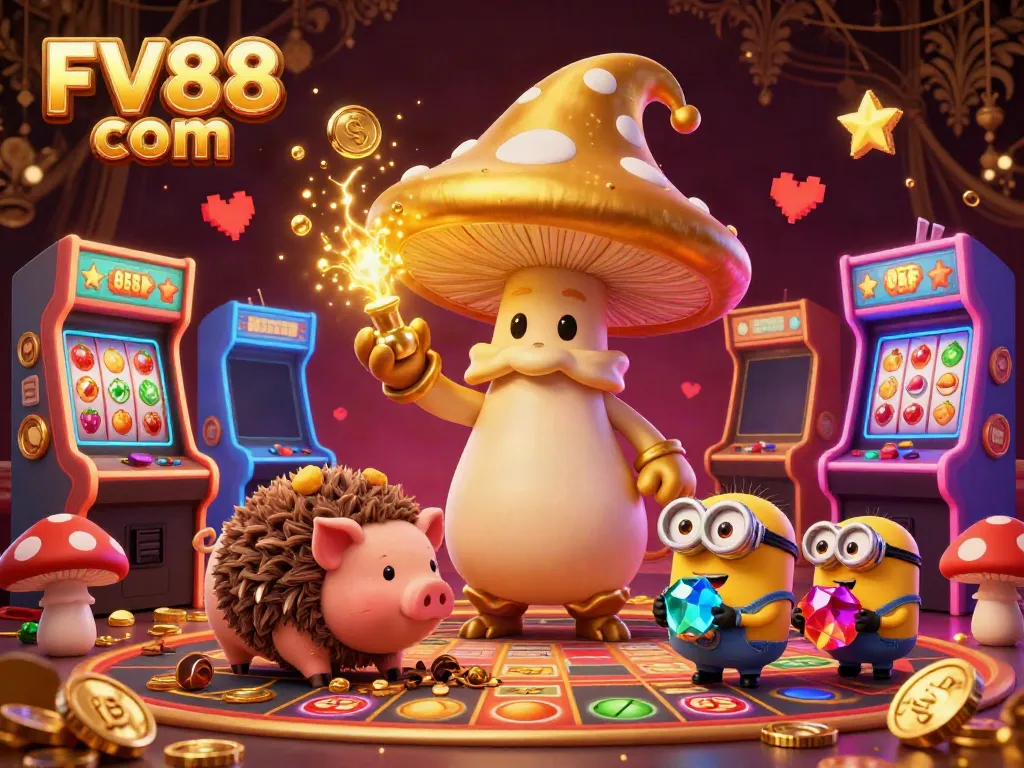 Engage with FV88 com's vibrant 3D casino scene, showcasing golden treasures, game elements, and a magical atmosphere.