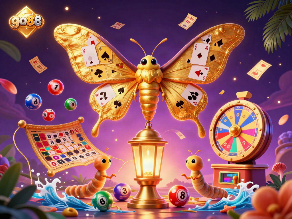 Engage with go88's vibrant online gaming experience featuring dynamic elements like lottery balls, prizes, and a charming moth.