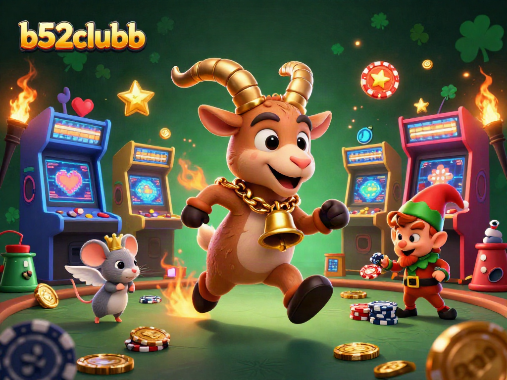 Engage in thrilling fun at b52clubb as Krampus and friends navigate a vibrant casino landscape.