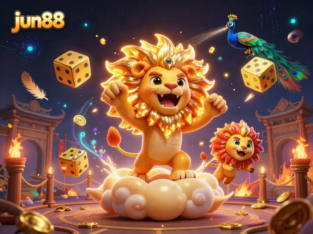 Experience thrilling big wins with jun88's vibrant casino gaming scene featuring roaring lion and golden dice.