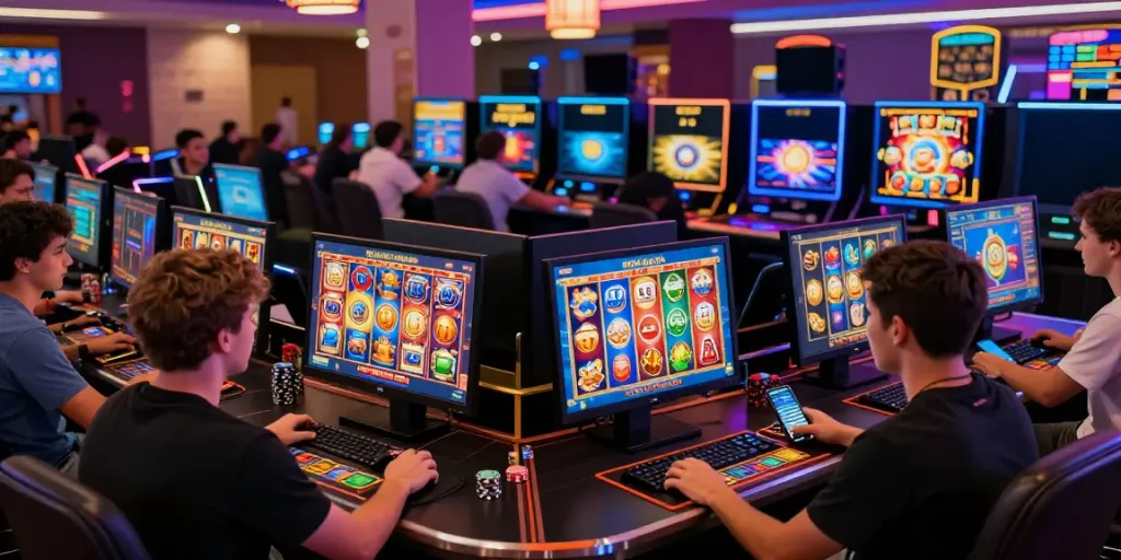 Exciting slot gacor gampang menang gameplay scene with players enjoying vibrant online casino experience.