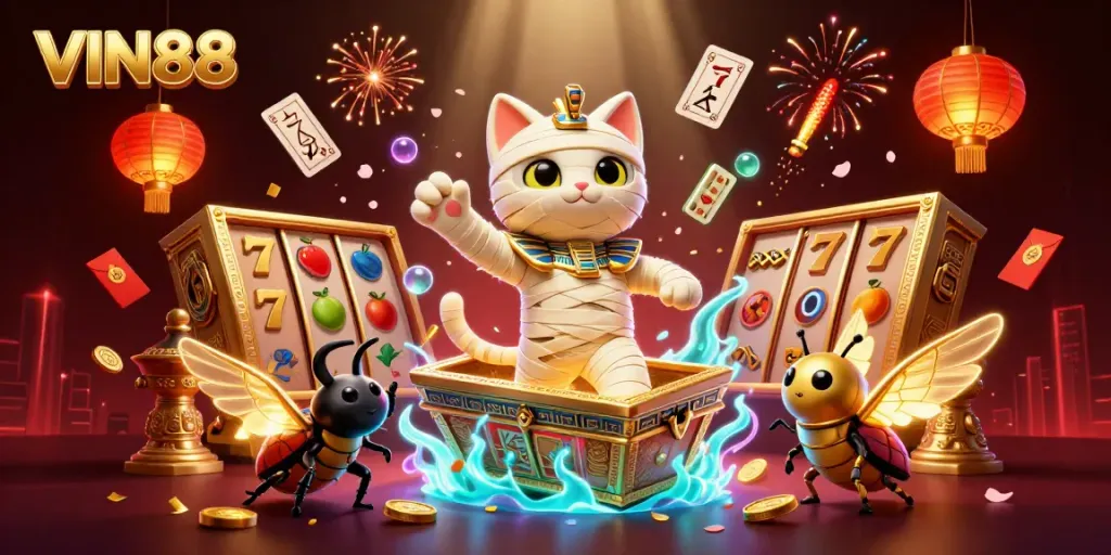Engage with the lively atmosphere of VIN88 through a vibrant casino scene featuring a mummy cat, scarab, and illuminated gaming elements.