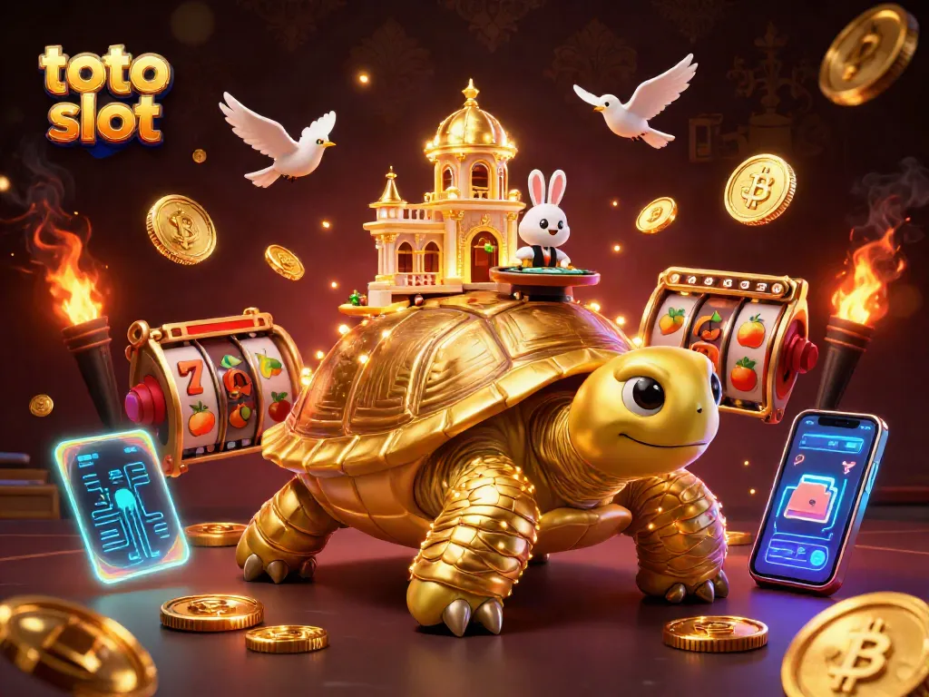 Engage with the vibrant toto slot casino scene featuring a golden tortoise and spinning reels.