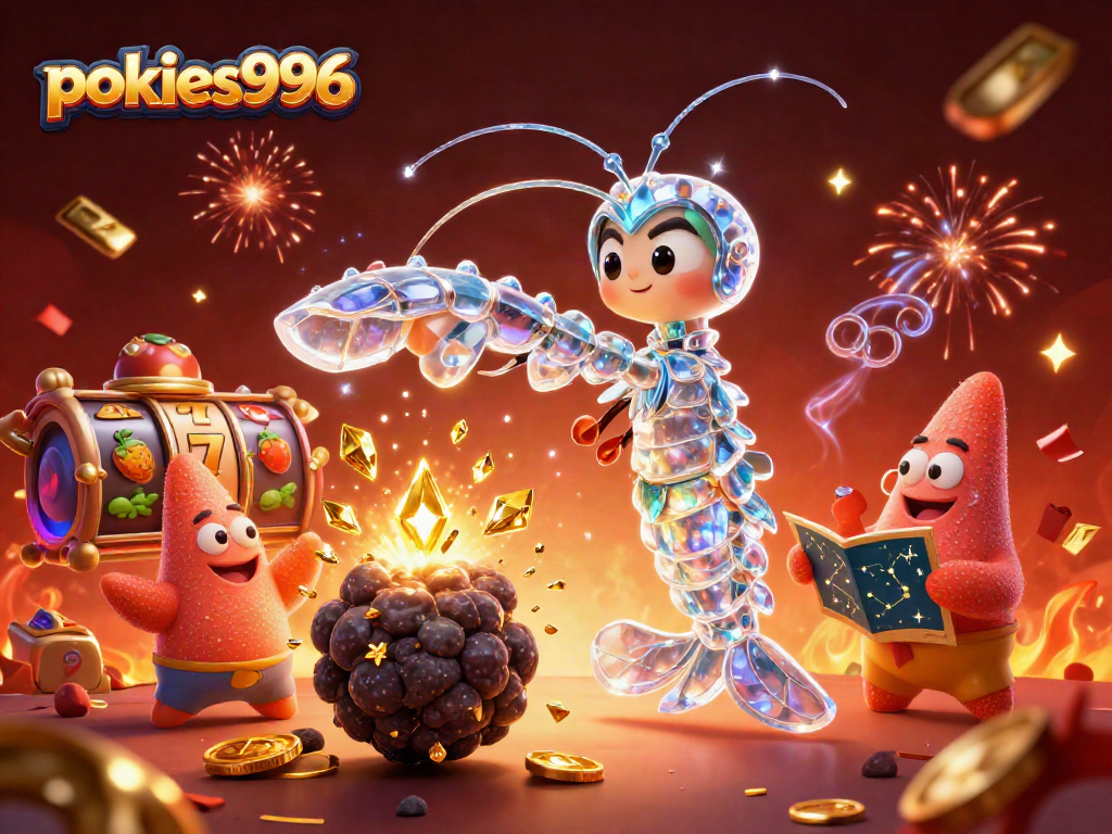 Engaging pokies996 scene featuring a galactic mantis shrimp and vibrant casino elements.