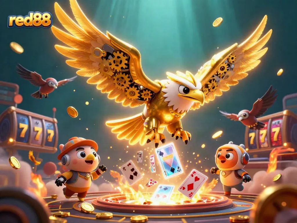 Engage in thrilling gameplay at red88 with a vibrant 3D illustration of a cybernetic eagle navigating a dynamic casino scene.