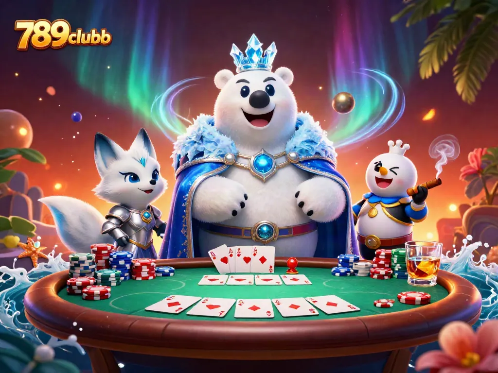 Engage in thrilling poker action with 789clubb, featuring a polar bear and snow fox amidst dynamic casino elements.