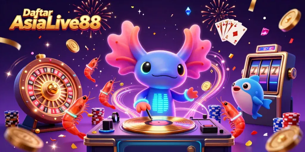 Engage with Daftar AsiaLive88 featuring vibrant casino-themed elements, lively characters, and captivating visuals.