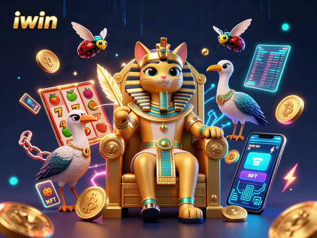iwin casino scene depicting Egyptian pharaoh cat, thrilling slot reels, and glowing cryptocurrency coins.
