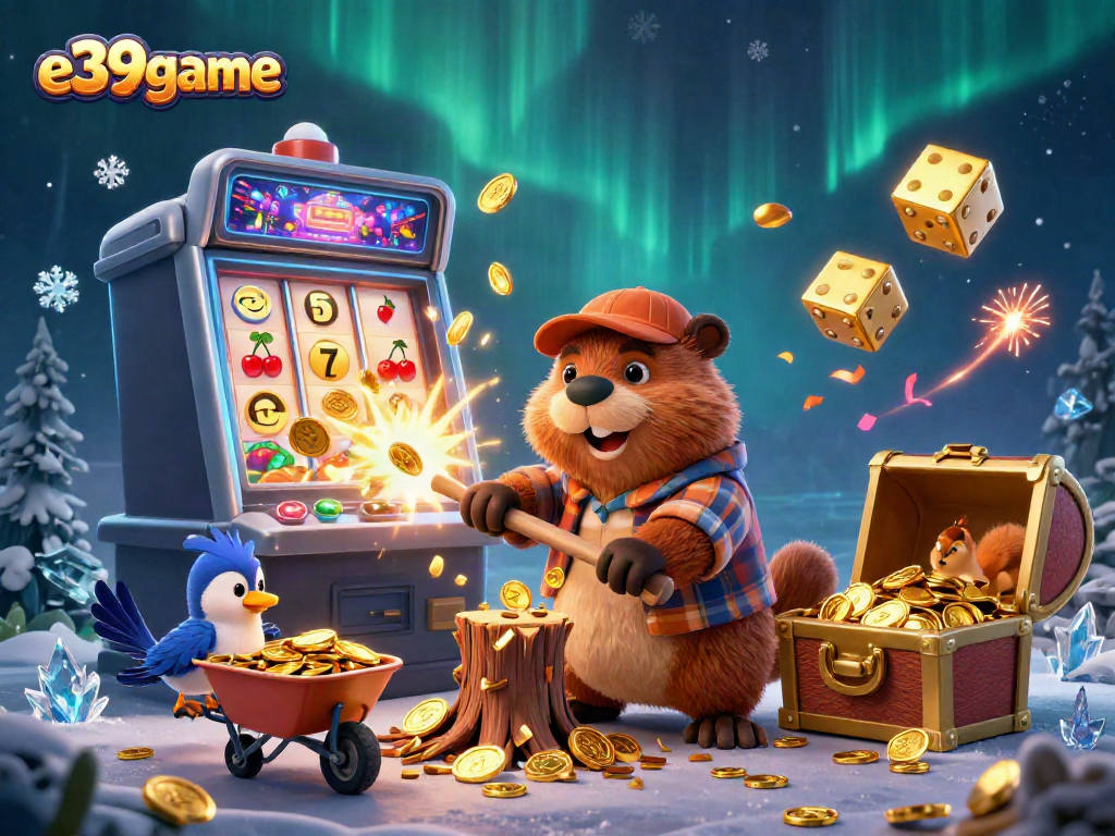 Join the fun at e39game with a cartoon beaver, winning coins, and exciting casino action.