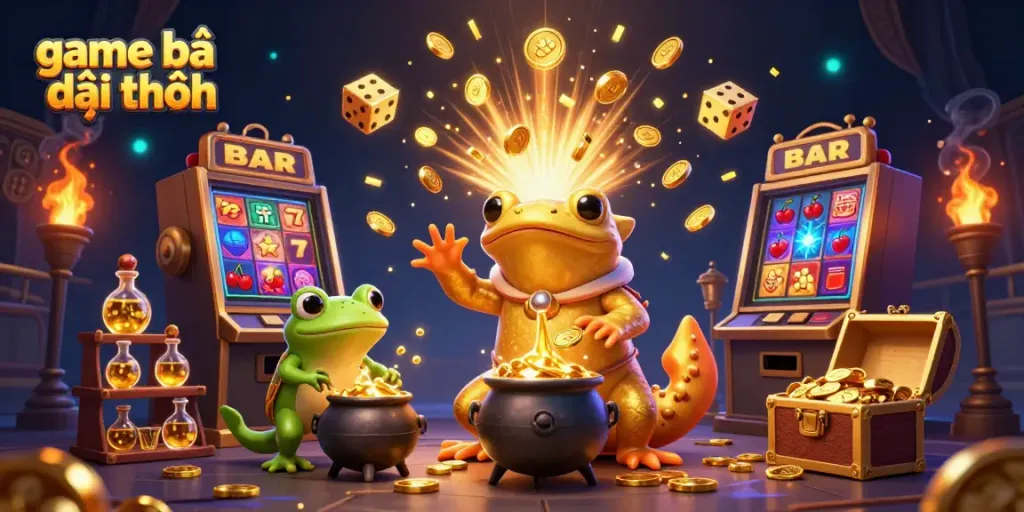 Experience the excitement of game bài đổi thưởng with golden coins, slot machines, and vibrant casino elements.