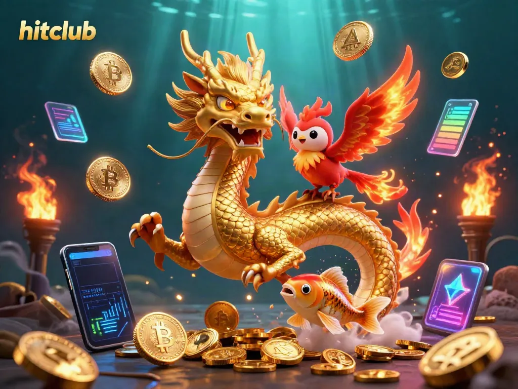Experience thrilling gaming with hitclub's fierce dragon and rich casino symbols in a vibrant scene.