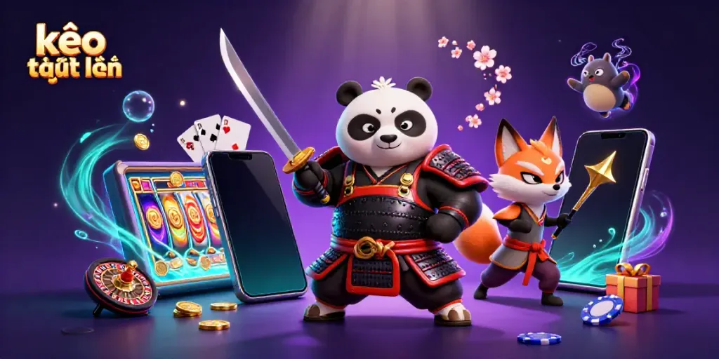 Engage in kèo trực tuyến with a dynamic scene featuring samurai panda and ninja fox surrounded by gaming elements.