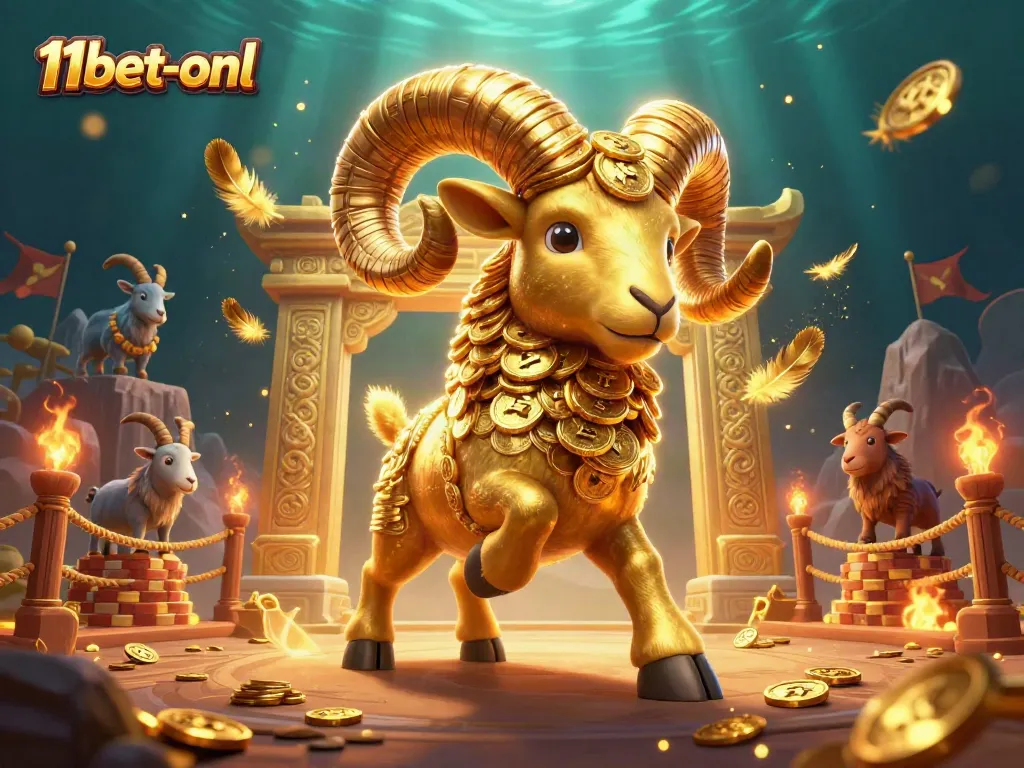 Engage in thrilling casino action at 11bet-onl with a vibrant 3D scene featuring a ram charging through a golden gate surrounded by gamblers.