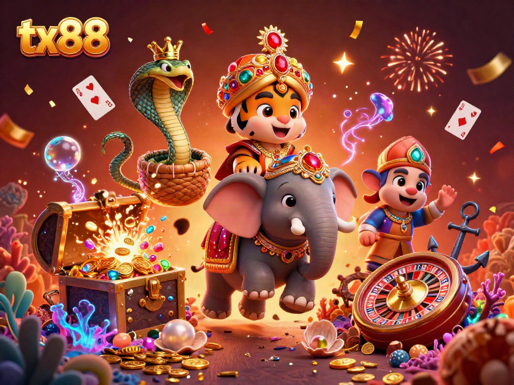 Experience thrilling action in tx88 with a maharaja tiger and elephant amidst vibrant casino elements.