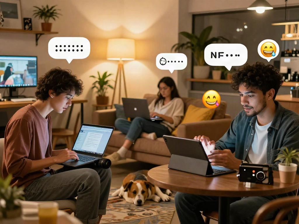 Engaging nsfw chat scene with diverse individuals on devices in cozy settings.
