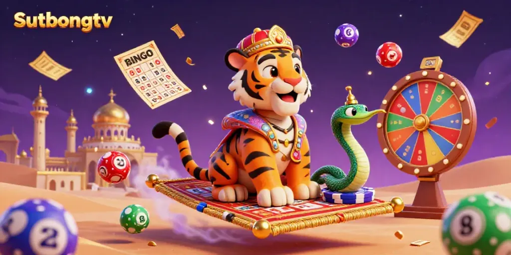 Sutbongtv visualizes thrilling gambling moments with a tiger sultan, vibrant lottery balls, and exciting gaming elements.