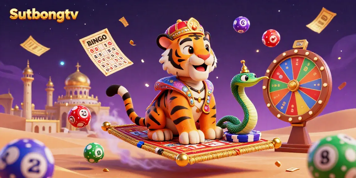 Sutbongtv visualizes thrilling gambling moments with a tiger sultan, vibrant lottery balls, and exciting gaming elements.