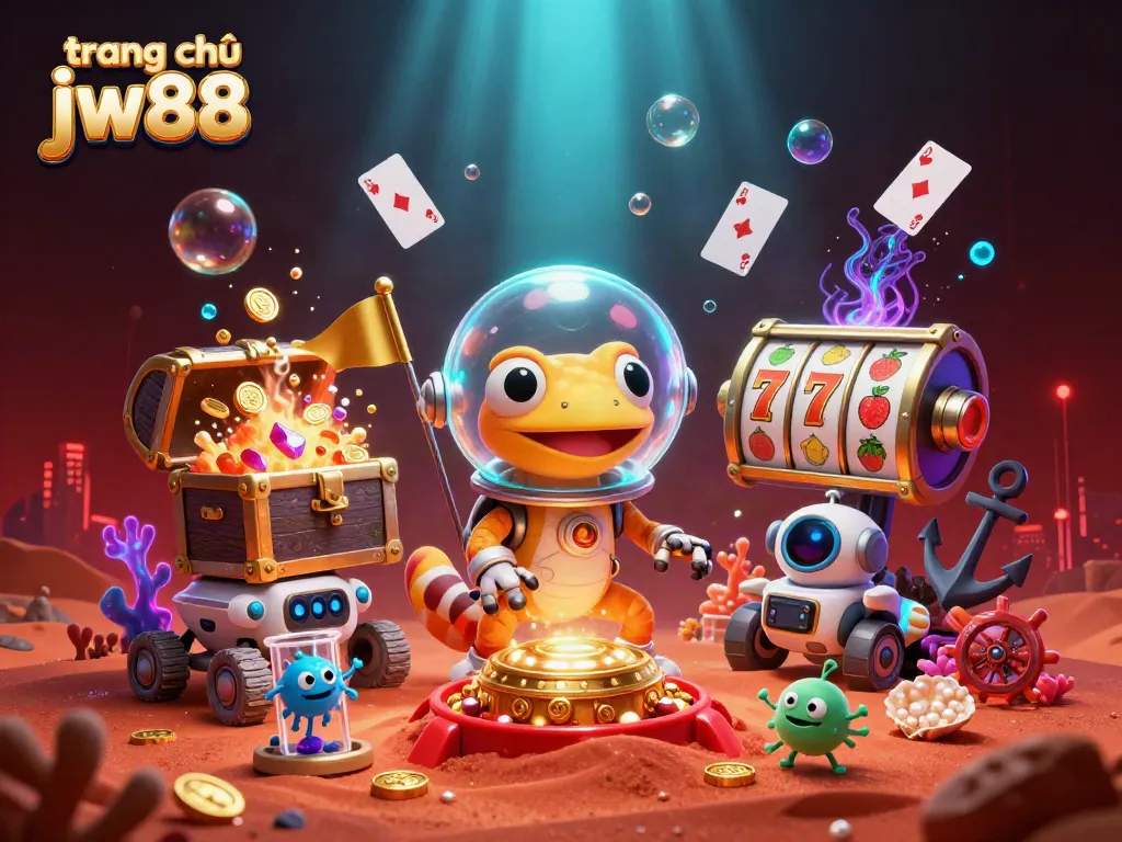 Bet at the trang chủ jw88 where a Martian gecko explores a golden casino, surrounded by vibrant gaming elements.