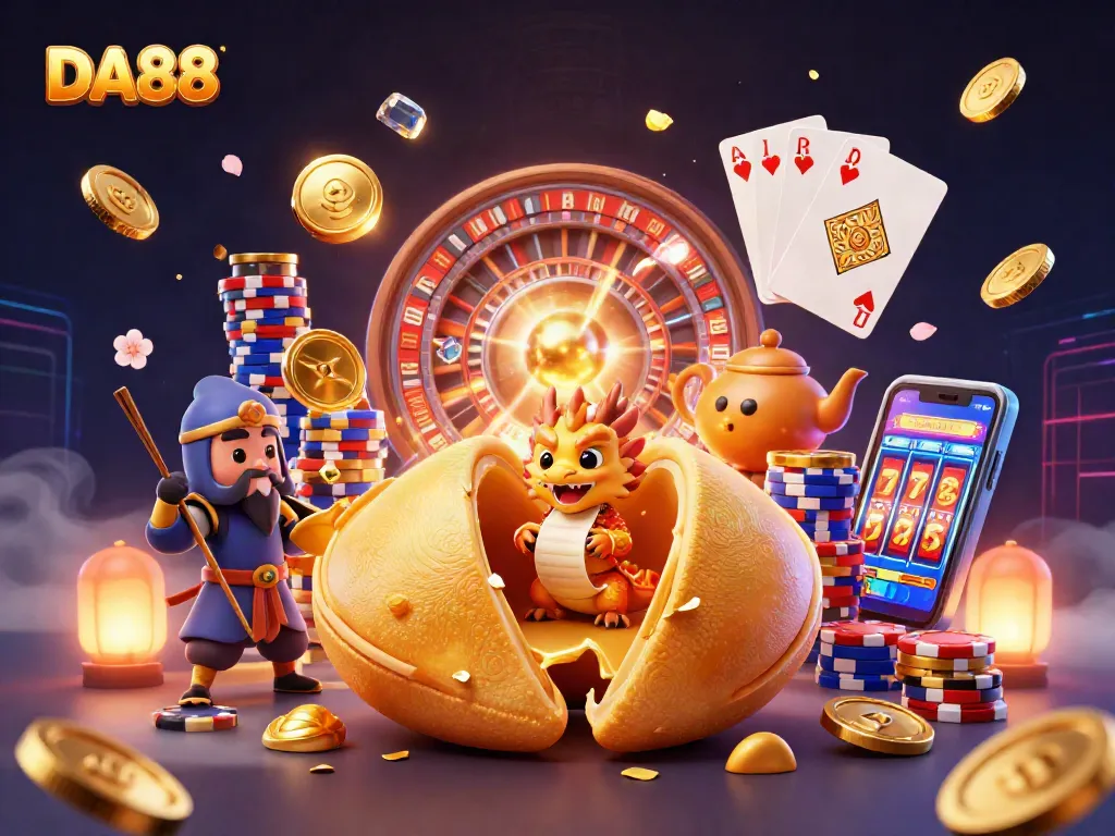 Experience the thrill of DA88 in a vibrant casino scene filled with fortune cookies and gold.