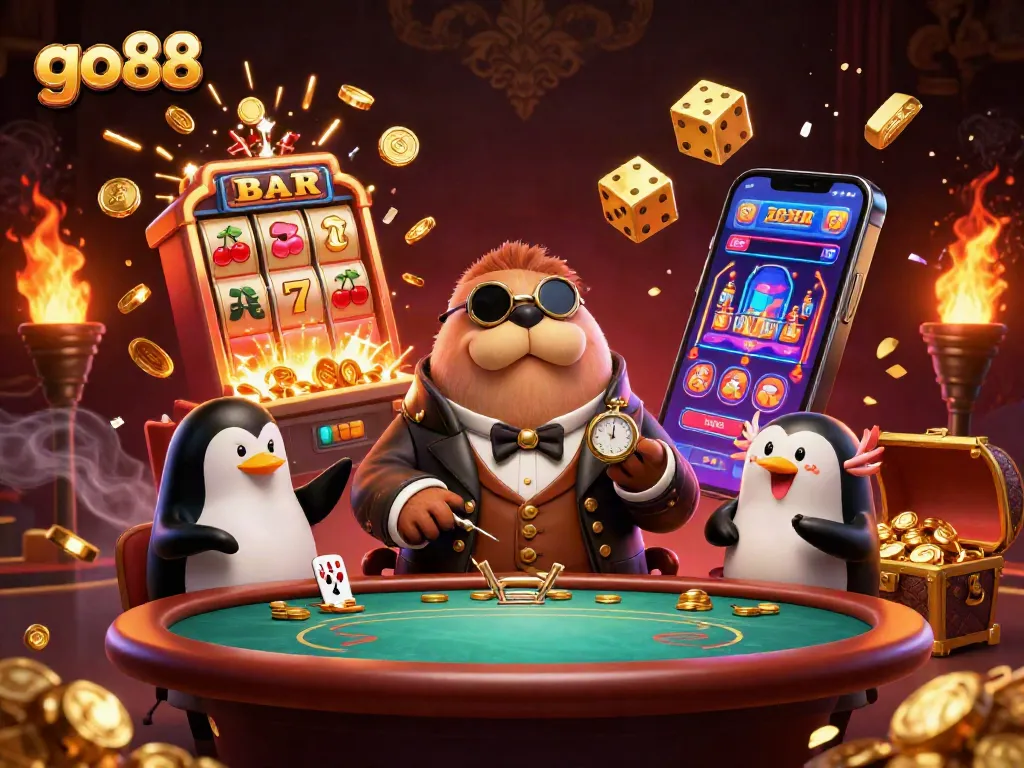 Play exciting casino games like go88 with a jolly walrus at an underwater poker table, showcasing vibrant details.