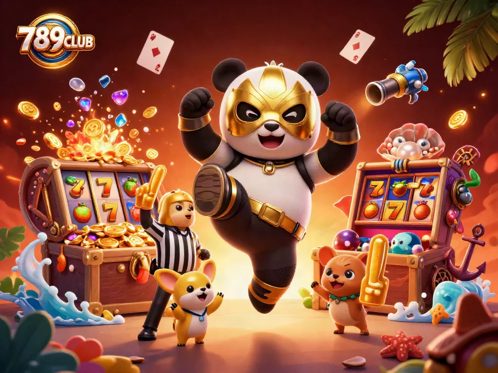 Experience thrilling action at 789CLUB with a cartoon panda wrestler and dynamic casino elements.