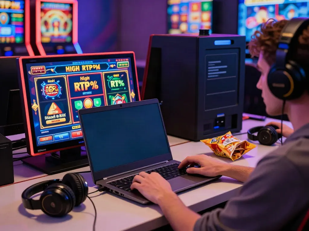 Engaged user playing RTP slot online with colorful gaming graphics