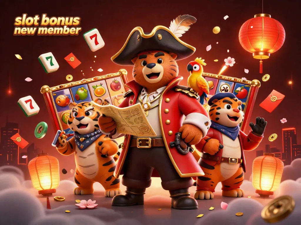 Engage in exciting gameplay with slot bonus new member featuring animated pirate and tiger characters amidst vibrant gaming elements.