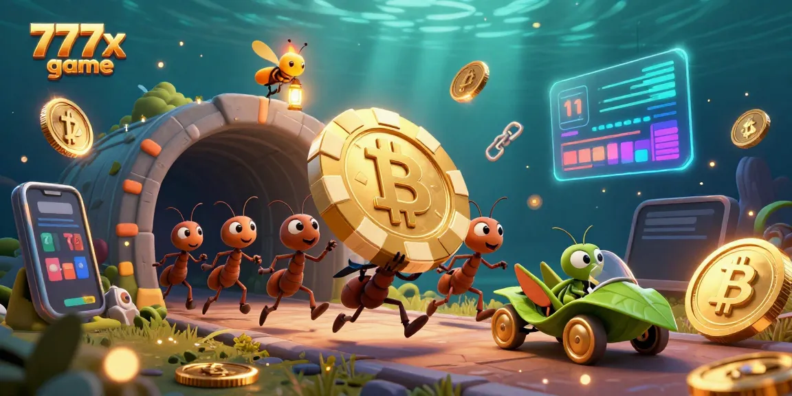 Experience the thrill of the 777x game with animated ants on a heist carrying giant poker chips, surrounded by dynamic gaming elements.